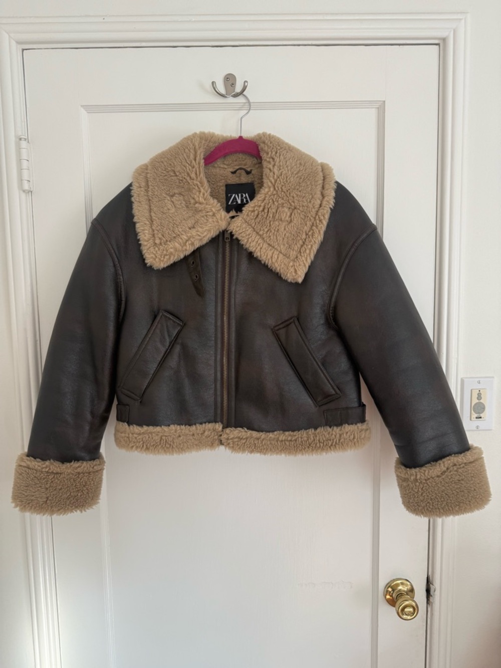 Zara Brown Faux-Leather Jacket with Tan Shearling Trim (OPEN TO OFFERS :)